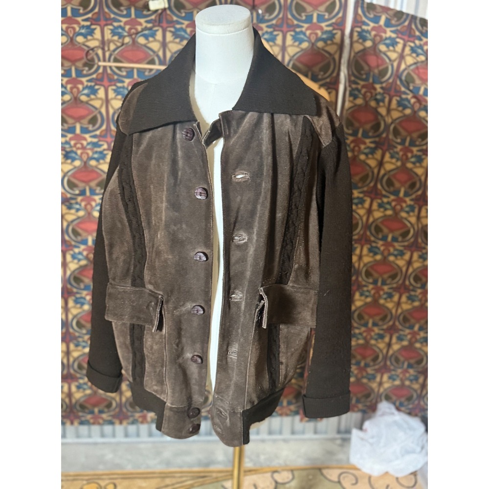 Vintage Cabot Leather‎ Suede Jacket Mens L Knit Sleeve Brown Bomber Coat cowhide